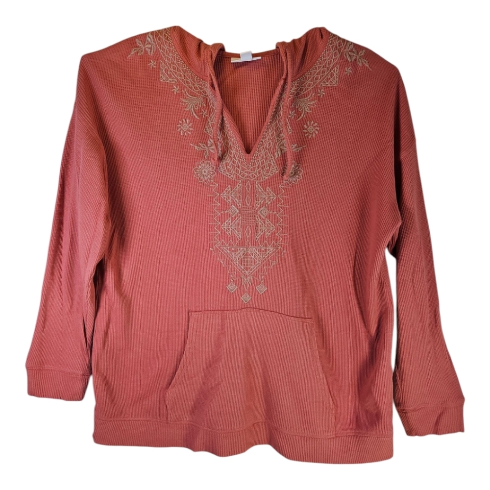 J. Jill Salmon Color Waffle Knit Hooded Embroidered Long Sleeve Top Small